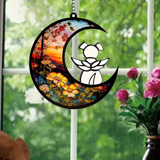 Dog Memorial Gifts for Loss of Dog Suncatcher, White Angel Dog on Sunset Moon Dog Beverage Acrylic Ornaments Decor Window Wall Sympathy Gift for Dog Lover