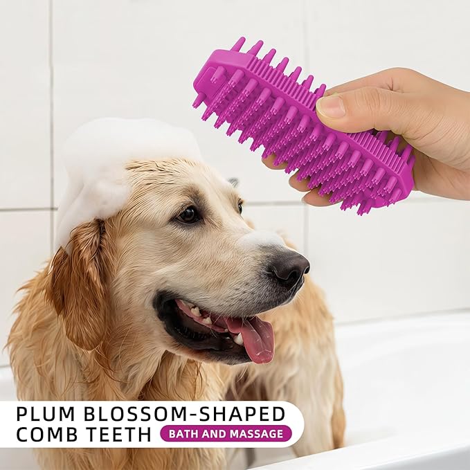 Rose Red 3-in-1 Double Sided Pet Bath Brush Dog Washing Brush Fine Pin Cat Deshedding Brush with Massage Pin Pet Grooming Tool for Dogs and Cats Remove Loose Hair Deep Cleansing