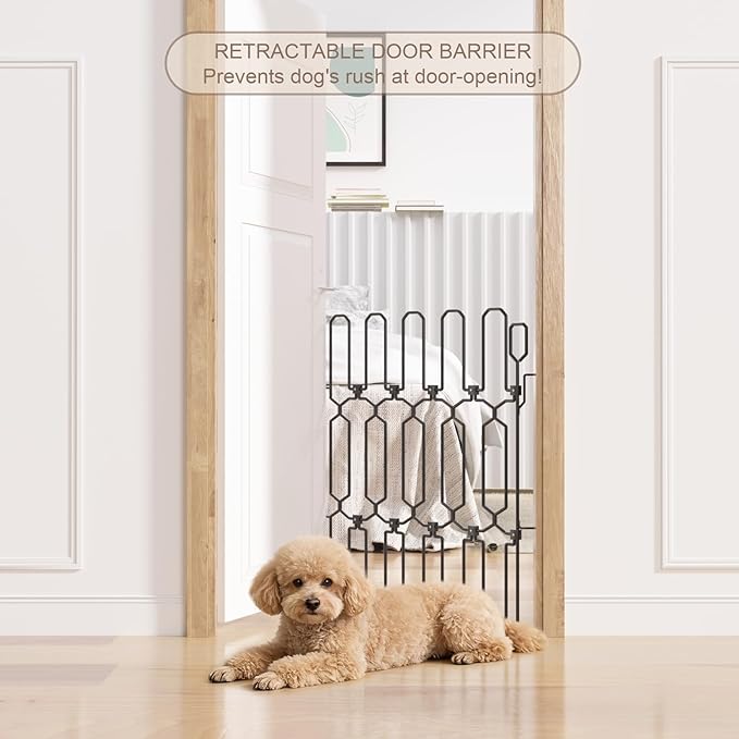Retractable Metal Dog Gate for Front Doors & RVs, 25.5" Wide 30.7" Tall Bite-Proof Pet Dog Barrier, Space-Saving Wall-Mounted Front Door Gate for Indoor Use