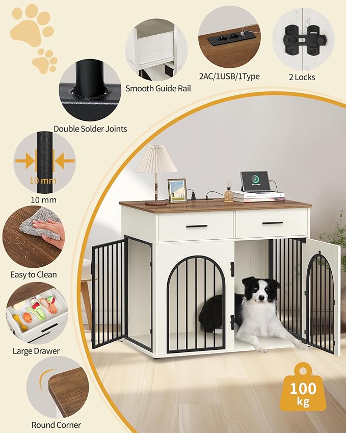 43.3'' Large Dog Crate Furniture with 2 Storage Drawers, Heavy Duty Dog Kennel Indoor with Charging Station, Wooden Dog Cage End Table Kennel for Medium/Large Dogs, White Brown DFC88214B