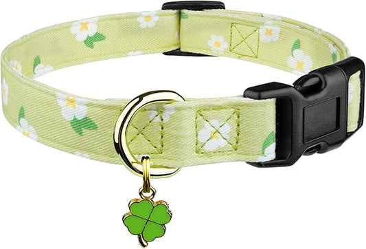 Cotton Handmade Dog Collar Cute and Distinctive Patterns Green Flower with Pendant for Girl Boy Dogs Collars M