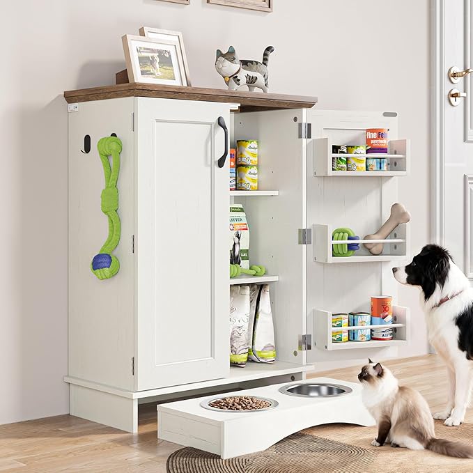 FIMELLO 32.2" H Dog Feeding Station with Storage, Dog Feeder Station with 2 Feeding Bowls, Adjustable Shelf, Pet Storage Cabinet Organizers for Cats and Dogs, Oak and White Grain
