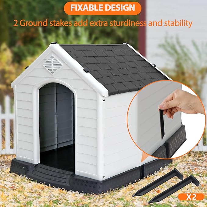 Durable Waterproof Plastic Dog House for Small to Large Dogs, Indoor Doghouse Puppy Shelter with Air Vents and Elevated Floor, Outdoor Kennel for Yard, Patio, Garage, Easy to Assemble