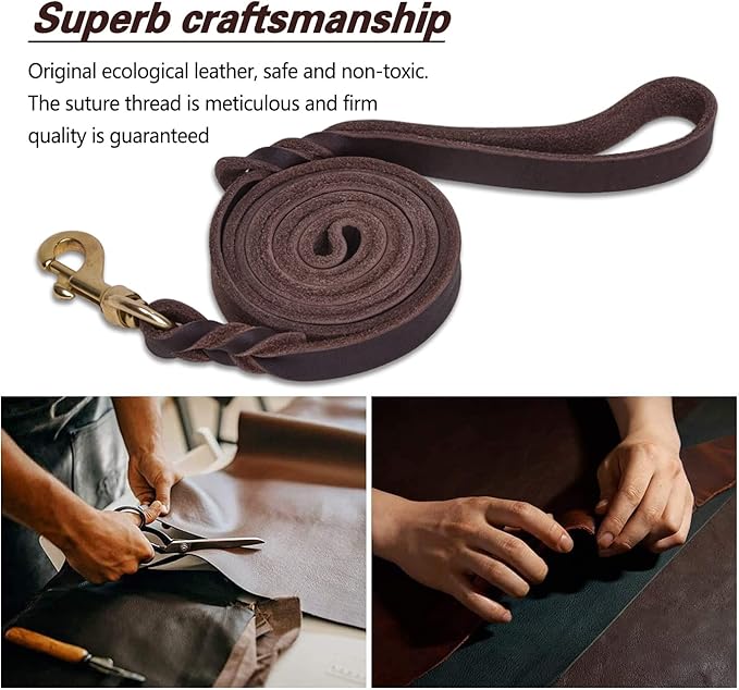 Heavy Duty Genuine Leather Dog Leash 6ft x 5/8 inch, Braided Leather Training Leash, Soft Durable Dog Lead for Large Medium Small Dogs Walking Hiking Training