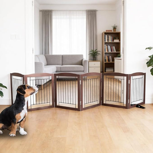 Dog Fence Indoor,Dog Gate Indoor for Doorway pet gate -6-Panel Freestanding, Hallways, House or Stairs -120x24-Inch Retractable Foldable Expandable Wood Pet by SFJC (Brown) ﻿
