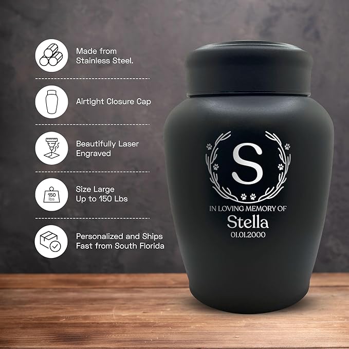 Personalized Custom Dog Urn Engraved Dog Name and Date - Stainless Steel Large Cremation urns for Dogs Ashes with Airtight Closure | up to 150 lbs Capacity | Wood Branch Border