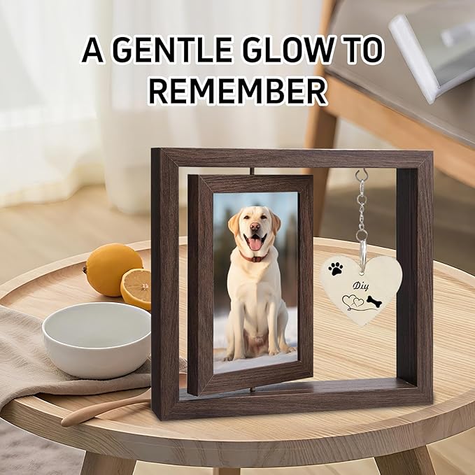 Pet Memorial Gift - Rotating Wooden Picture Frame for Dog or Cat, Heart Pendant & Holds Two 4x6 Photos, Sympathy Remembrance in Memory of Pet for Family Friend