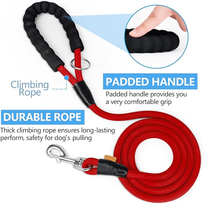 Dog Leash, Braided Rope Traction – Walking Training Lead for Medium/Large Dogs ((1/2") x 6FT, Red)