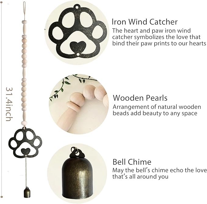 Pet Memorial Wind Chime - Dog Memorial Gifts - Pet Remembrance Gift in Memory of Dog or Cat - Paw Print Windchime with Rainbow Bridge Card