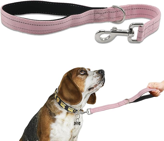 Thick Dual Padded Handle for Dog Training Control, 18 Inches Traffic Dog Leash Short with Reflective Stitching, Heavy Duty Short Hand for Small to Strong Sized Dogs Training Leash Pink 1.5FT