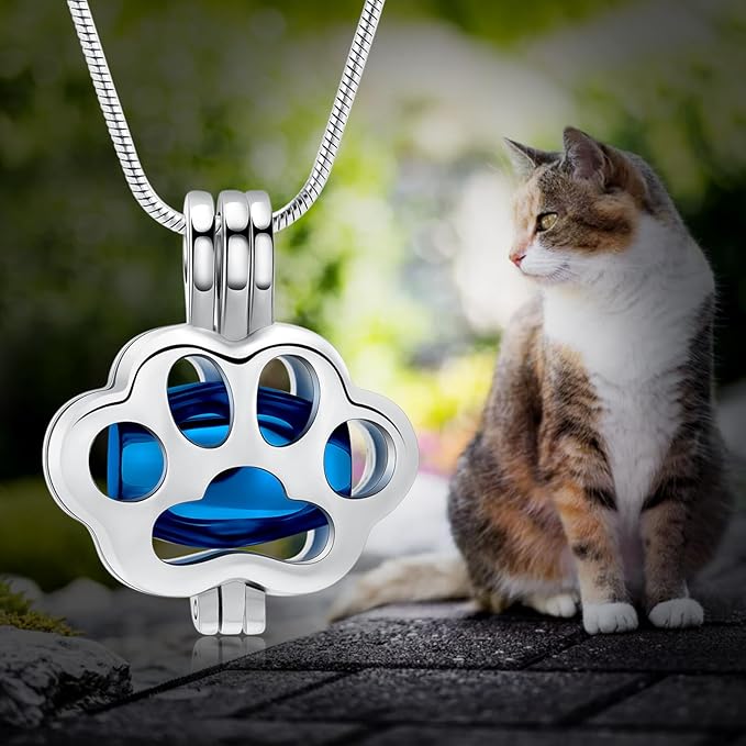 Pet Cremation Jewelry for Ashes Paw Memorial Locket Urn Necklace Keepsake Cremation Jewelry for Dog/Cat (Silver-Blue)