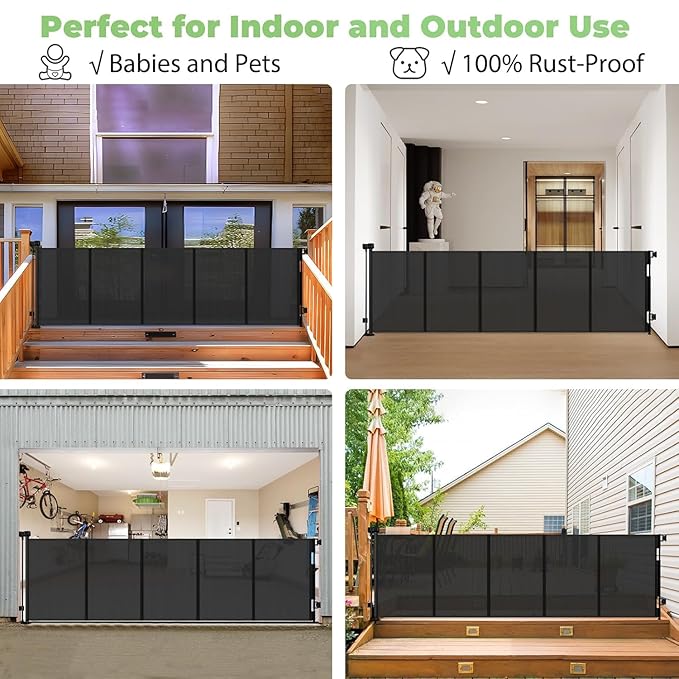 96 Inch Wide Reinforced Retractable Baby Gate with Support Rods, Extra Long Dog Gate Retractable Gate Outdoor Gates for Decks, Prevent Crawling Under Extra Long Baby Gates for Large Openings, Black
