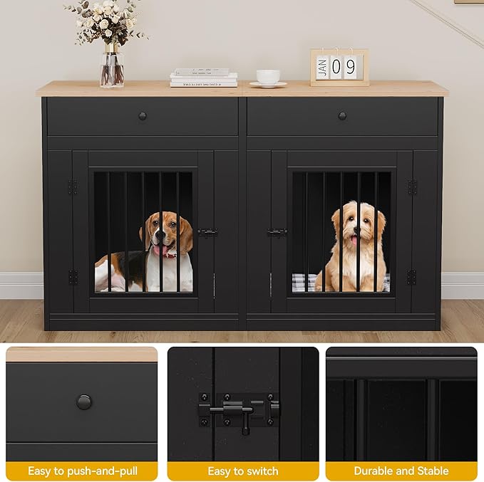 DWVO 60 Inch Double Dog Crate Furniture for 2 Dogs, Heavy Duty Wooden Dog Crate TV Stand with Removable Divider & Storage Drawers, Dogs Kennel Indoor Furniture Double Sliding Barn Door, Black