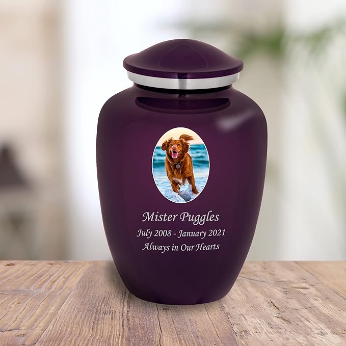 Homage Large Custom Photo Pet Cremation Urn for Pet Ashes - Vase Style Pet Urn - 200 Cubic Inch Capacity -Personalization Included (Amethyst)