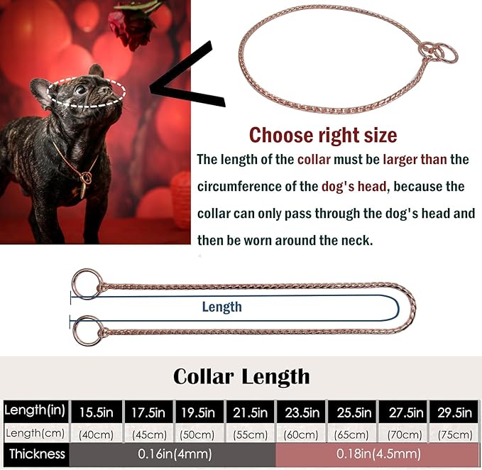 Heavy Duty Dog Choke Collar Slip Dog P Chain Snake Collar Plating Anti-Rust Dog Training Collars for Small Large Dogs Black/Gold/Silver/Rose Gold 15.5in-29.5in (17.5in, Rose Gold)