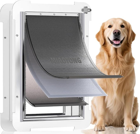 3-Flap Steel Large Dog Door for Exterior Doors with Sliding Lock Panel, Energy-Efficient Insulated Pet Door, Extreme Weather Doggy Door with Telescoping Tunnel, Never Rust（Pets Up to 100 Lb）