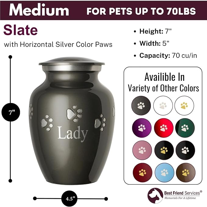 Ottillie Paws Premier Series Pet Urn for Dogs with Personalized Laser Engraving (Medium - Pets up to 65 lbs, Slate with Horizontal Pewter Paws)