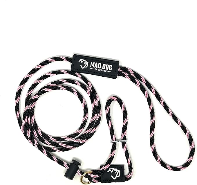 Mad Dog Products Easy Leader Dog Leash 1/4" x 15' Black/Pink Signature Rope - Made in USA