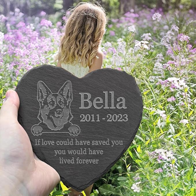 Personalized Dog Memorial Stone Pet Memorial Gifts for Loss of Dog Engraved Heart Plaque Garden Grave Decors for Cemetery Pet Loss Gifts with Stand (Memory of German Shepherd)
