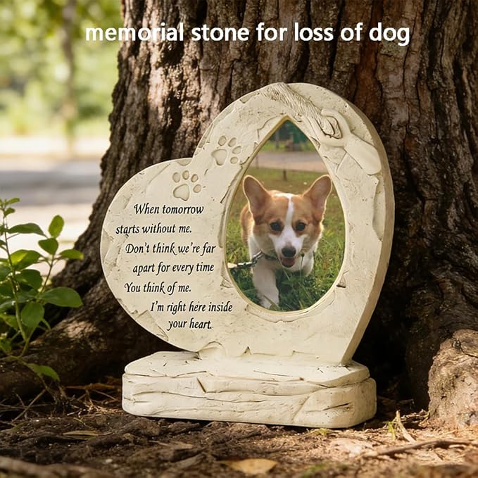Heart Shaped Pet Dog Memorial Stones with Photo Frame, Pet Headstones Grave Stones for Dogs or Cats, Sympathy Pet Dog Memorial Gifts Remembrance Loss Gifts Outdoor or Indoor