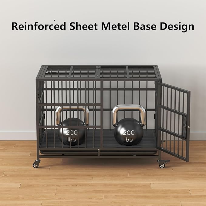 48Inch Heavy Duty Dog Crate, Rust Resistant Folding Metal XXXL Widened Base Dog Kennel, Upgraded Latch, Removable Tray, and Wheels with Brakes, Suitable for Medium to Extra-Large Dog
