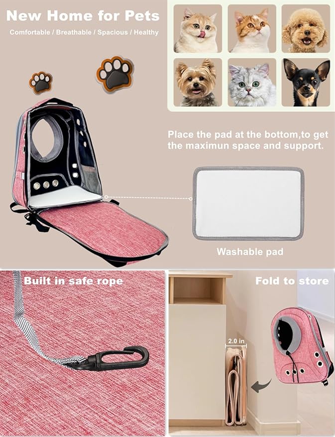 Pet Dog Backpack Carrier Small Doggy Front Backpack,Large Space Cat Carrier Backpack,Ventilated for Hiking,Camping,Travel,Suitable for Shopping and Vet,Max 12 lbs(Pink)