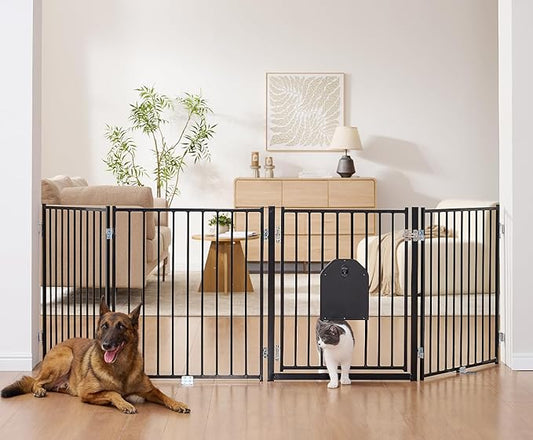 No Pawblems Free Standing Dog Gate with Cat Door, 30'' Tall Foldable Dog Fence for Indoor & Outdoor, Up to 104 Inch Extra Wide Puppy Gate for Stairs, Hallways, Doorways, Deck, Yard (Black, 4 Panels)