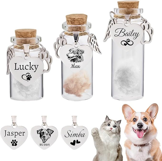 Custom Pet Hair Memorial Bottle with Engraved Photo & Text, Cat Fur Keepsake, Personalized Pet Fur Keepsake for Dog Cat Hair, Loss of Dog Sympathy Gift (Style 1)
