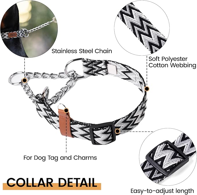 ANDA Martingale Collar for Dogs, Adjustable with Reflective Stainless Steel Chain, No-Pull Escape-Proof Training Collar for Medium and Large Breeds (Chevron Black Chain Style, Medium)