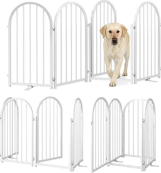Full Metal Dog Gate with Door for Indoor Outdoor, 32" Tall Free Standing Pet Dog Fence, 72" Extra Wide Pet Gates for Stairs, Hallways, Doorways, Kitchen, Decks, Yards (White, 4 Panels)