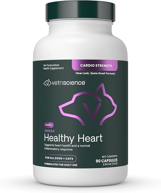 VetriScience Omega Healthy Heart Easy-Open Capsules, Cardio Strength Taurine and Omega-3 Supplement for Dogs and Cats, Heart Support Supplement for Pets, 90 Count