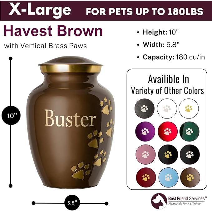 Ottillie Paws Premier Series Pet Urn for Dogs with Personalized Laser Engraving (X-Large - Pets up to 170 lbs, Harvest Brown with Vertical Brass Paws)