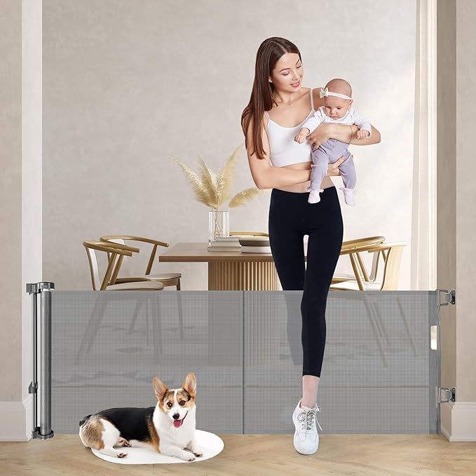 Reinforced 24 Inch Tall Retractable Baby Gates, Short Dog Gates to Step Over, Expands 0-55 Inches Wide, Mesh Pet Gate with Support Rods, Small Puppy Gates for The House, Gray