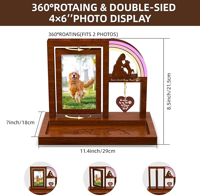Pet Memorial Gifts for Dog Picture Frame with Rainbow Bridge, Wooden Rotating Picture Frame 4x6 Photo, Pet Loss of Dog Sympathy Gift for Cat Bereavement Remembrance Keepsake (11.2in)