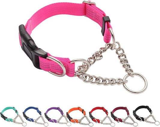 Martingale Dog Collar with Quick Release Buckle Steel Chain No Pull Training Reflective Collar for Medium Large Dogs(Pink, Medium)