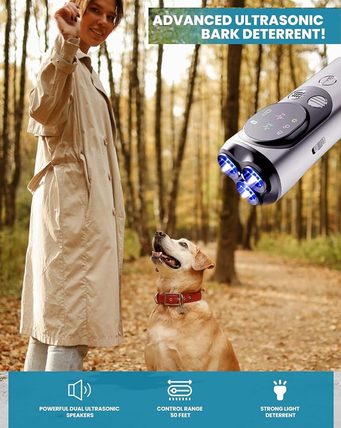 Rechargeable Dog Bark Deterrent Device – Ultrasonic Anti Barking Device for Dogs, 50ft Long Range, No Bark Control, Safe & Humane Replacement for Shock Collars,
