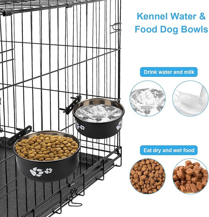 Dog Bowl Kennel Water Bowl Hanging Stainless Steel Pet Food Water Bowl Cage Feeding Cup Feeder for Medium and Small Dogs Cats (Black, Small 5.5")