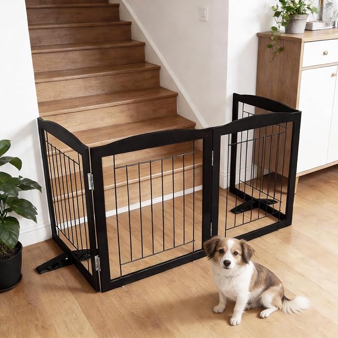 Dog Fence Indoor,Dog Gate Indoor for Doorway pet gate -3-Panel Freestanding, Hallways, House or Stairs -60x32-Inch Retractable Foldable Expandable Wood Pet by SFJC (Black) ﻿