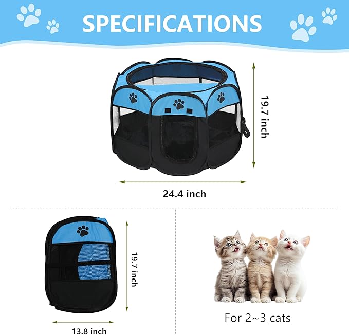 Cat Dog Playpen, Puppy Pet Playpen Indoor for Small Dog Crate Tent Cage Outdoor, Portable Pop Up Dogs Enclosure Kennel with Carrying Case for Dogs/Cats/Rabbits Blue.