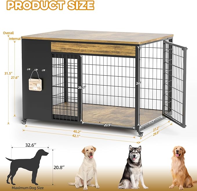 42" Dog Crate Furniture - Dog Crate with DIY Frame, Sliding Door Indoor Kennel, Wooden Dog Cage End Table, for Large Breed, Rustic Brown Size XL