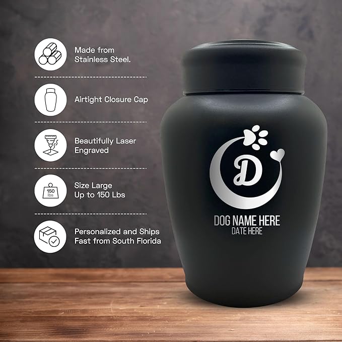 Personalized Custom Dog Urn Engraved Dog Name and Date - Stainless Steel Large Cremation urns for Dogs Ashes with Airtight Closure | up to 150 lbs Capacity | Crescent Paw and Heart