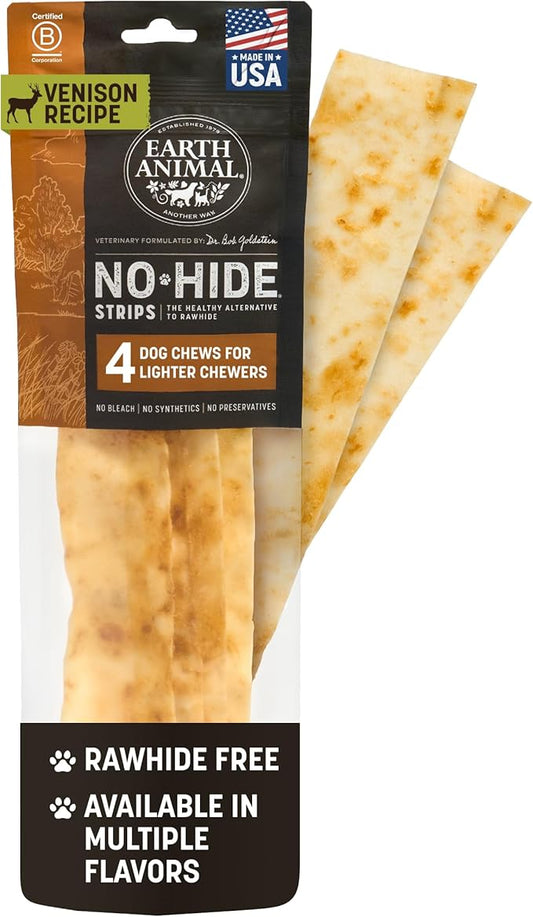 Earth Animal No Hide Strips - Natural Rawhide Free Dog Chew Strips, Venison - 4 Count