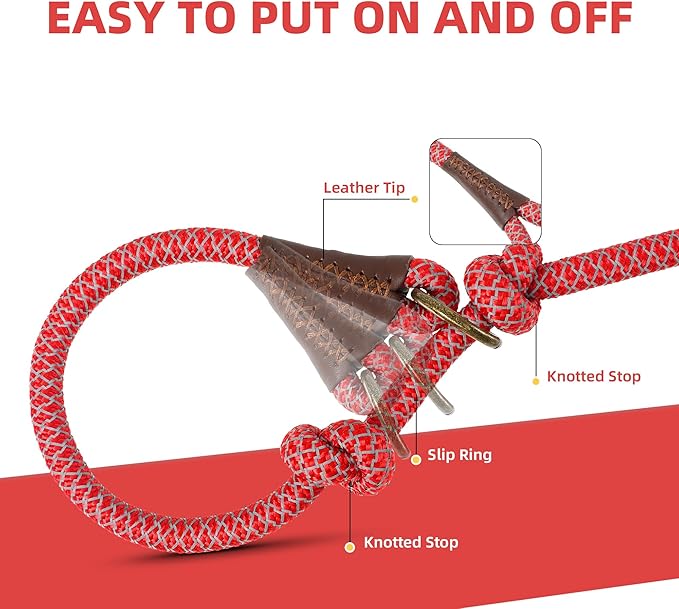 Mile High Life Slip Leads for Dogs | Reflective Slip Leash with Leather Tip | Heavy Duty Dog Training Leash - 4 Feet Climbing Rope (Red)
