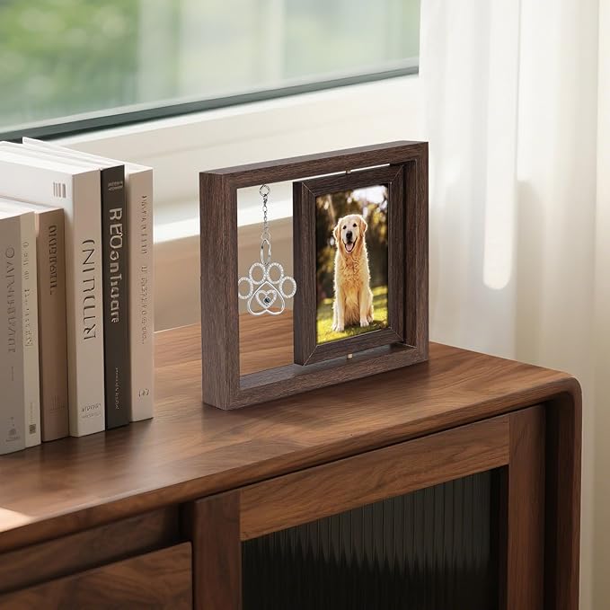 Uross Dog Memorial Gifts for Loss of Dog- Pet Memorial Remembrance Bereavement Sympathy Gifts for Dogs, Rotating Wooden Passing Away Picture Frame for 4x6 Photo- Brown