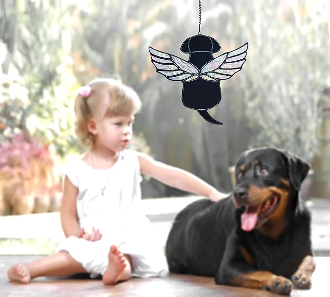 Stained Glass Rainbow Wing Angel Dog Memorial Gift for Loss of Dog Bereavement (Black)