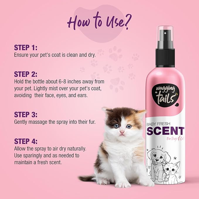 Wagging Tails Baby Fresh Pet Scent | Natural Aloe Vera & Elemi Gum Oil | Long-Lasting Deodorizing Spray for Dogs & Cats | Alcohol-Free Moisturizing Perfume Mist | 200ml (6.76 fl oz)