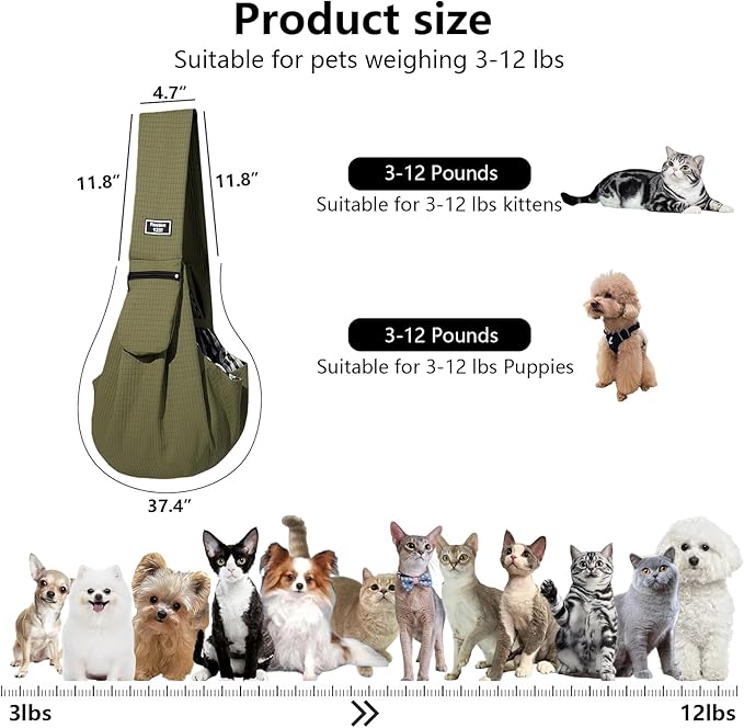 Dog Sling,Dog Slings for Small Dogs for 3-12 lbs,Puppy Sling Made of Waterproof and Anti-Static Fabric, Cat Sling with Storage Bag, Anti-Detachment, Make It Easy for Pets to Travel Green