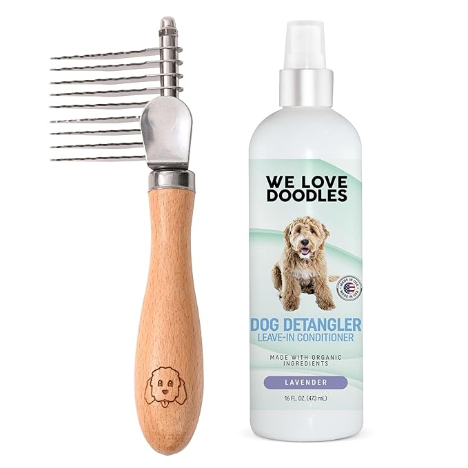 We Love Doodles Dog Dematting Brush & Rake, Hair Brush for Dogs, Made in the USA & Detangler Spray - Stainless Steel Blades, No Pulling, All Hair Types, Promotes Circulation, All Breeds, Ages