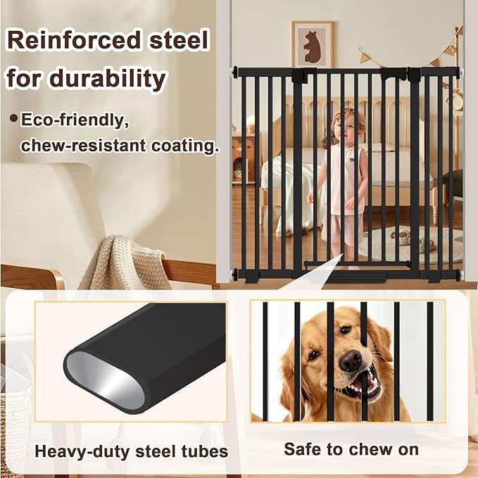 30"-62.5" Extra Wide Baby Gate for Doorways/Hallways,Pressure-Mounted Dog Gate Indoor for Stairs, Auto Close Pet Door for Child/pet Proof Safety, No Need Drilling,Black