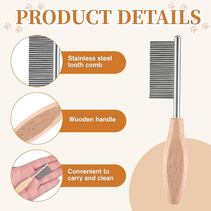 Grooming Comb for Dogs Cats Pet, Pet Face and Finishing Comb with Wooden Handle Detangler Tool Accessories for Removing Matted Fur, Knots & Tangles